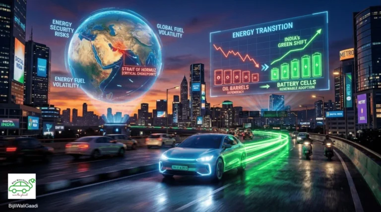 Strait of Hormuz crisis impact on oil prices and Indian EV adoption with Tata electric car and charging station in India showing green mobility growth