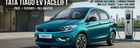 Tata Tiago EV facelift electric hatchback premium teal color parking at charging station evergreen review India