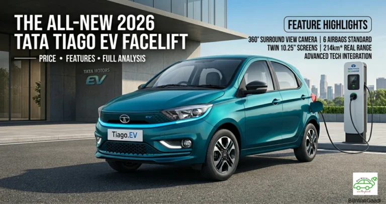 Tata Tiago EV facelift electric hatchback premium teal color parking at charging station evergreen review India