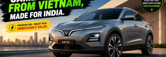 VinFast VF6 electric SUV featured image for India 2026 review showing futuristic EV design with bold “Game-Changer from Vietnam” headline and premium urban background.