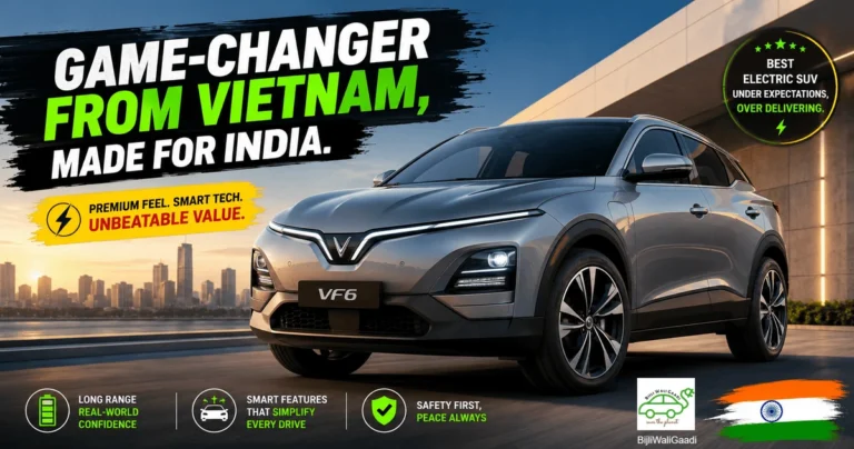 VinFast VF6 electric SUV featured image for India 2026 review showing futuristic EV design with bold “Game-Changer from Vietnam” headline and premium urban background.