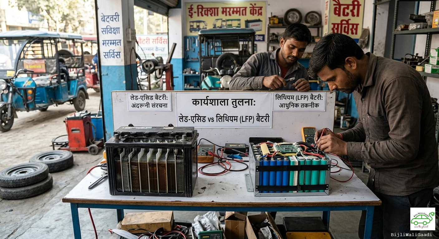 एक ई-रिक्शा मरम्मत केंद्र की वर्कशॉप टेबल पर रखी खुली हुई लेड-एसिड बैटरी और नीले सेल्स वाली लिथियम LFP बैटरी, जिसके पास मैकेनिक काम कर रहे हैं और बैकग्राउंड में हिंदी में 'ई-रिक्शा मरम्मत केंद्र' लिखा हुआ है।