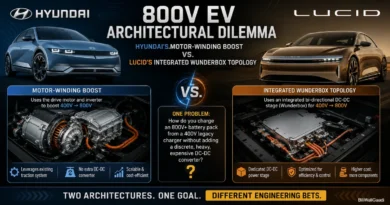 Side-by-side comparison graphic of Hyundai's E-GMP motor-winding boost charging architecture and Lucid's integrated Wunderbox topology, highlighting different solutions for charging 800V EV batteries from 400V chargers.