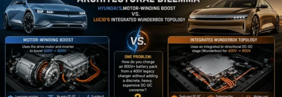 Side-by-side comparison graphic of Hyundai's E-GMP motor-winding boost charging architecture and Lucid's integrated Wunderbox topology, highlighting different solutions for charging 800V EV batteries from 400V chargers.