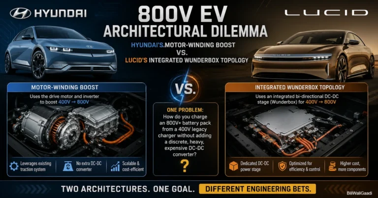 Side-by-side comparison graphic of Hyundai's E-GMP motor-winding boost charging architecture and Lucid's integrated Wunderbox topology, highlighting different solutions for charging 800V EV batteries from 400V chargers.