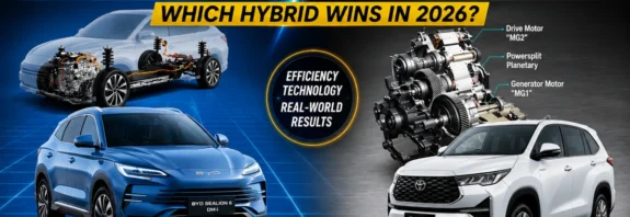 BYD DM-i DHT versus Toyota THS 5 e-CVT hybrid technology comparison featuring transmission cutaways, vehicle images, and thermal efficiency ratings.