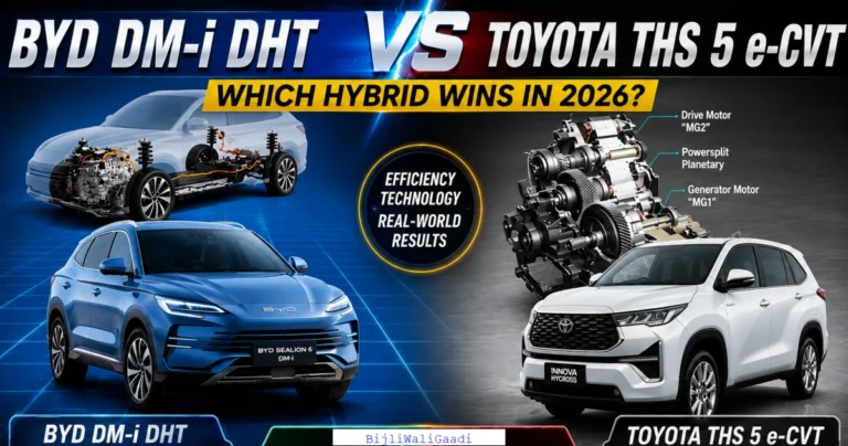 BYD DM-i DHT versus Toyota THS 5 e-CVT hybrid technology comparison featuring transmission cutaways, vehicle images, and thermal efficiency ratings.