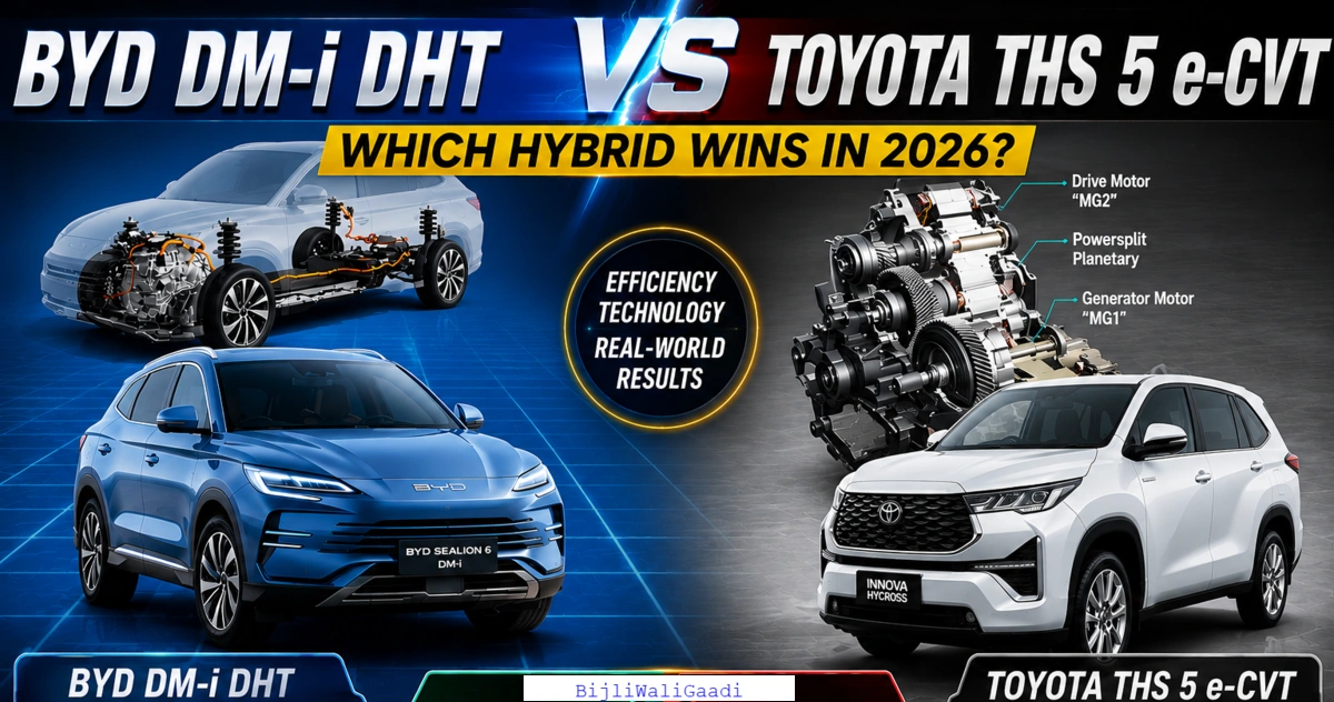 BYD DM-i DHT versus Toyota THS 5 e-CVT hybrid technology comparison featuring transmission cutaways, vehicle images, and thermal efficiency ratings.