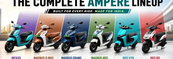 Ampere electric scooter lineup 2026 featuring Nexus, Magnus G Max, Magnus Grand, Magnus Neo, Reo VYB, and Reo 80 showcased together in a single comparison image for India.