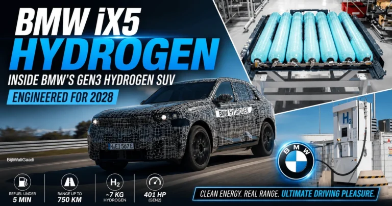 BMW iX5 Hydrogen SUV with hydrogen fuel-cell powertrain and refueling station, showcasing BMW's 2028 hydrogen vehicle technology with 750 km range and 5-minute refueling.