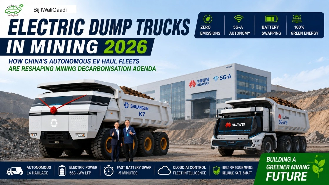 Shuanglin K7 electric mining truck and Huawei autonomous dump truck featured in a mining site with 5G-A connectivity, battery swapping, and zero-emission haulage technology.