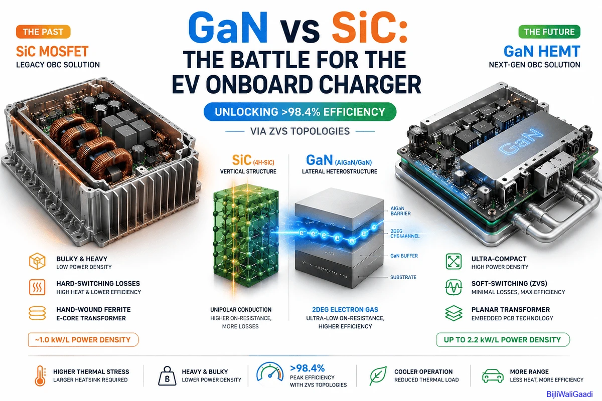 GaN HEMT versus SiC MOSFET EV onboard charger comparison showing compact GaN OBC design, 2DEG electron gas conduction, ZVS topology efficiency above 98.4%, and higher power density than conventional SiC chargers.