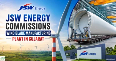 JSW Energy wind blade manufacturing plant in Gujarat with wind turbine, blade transport trailer and renewable energy infrastructure