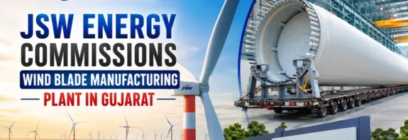 JSW Energy wind blade manufacturing plant in Gujarat with wind turbine, blade transport trailer and renewable energy infrastructure