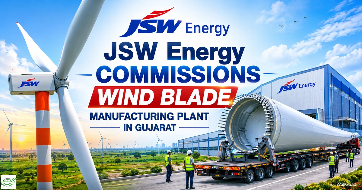 JSW Energy wind blade factory in Gujarat featuring wind turbines, blade manufacturing facility and renewable energy infrastructure