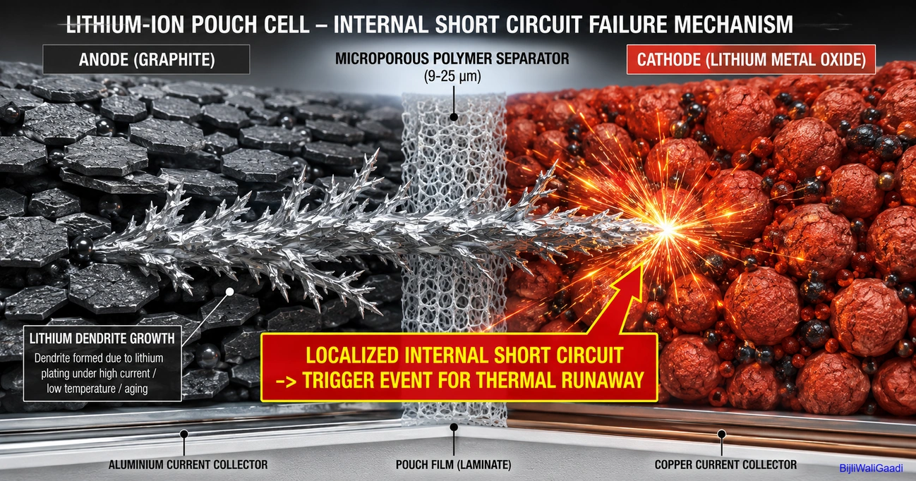 Cross-sectional EV battery diagram showing a lithium dendrite piercing the polymer separator and causing an internal short circuit that can trigger thermal runaway.