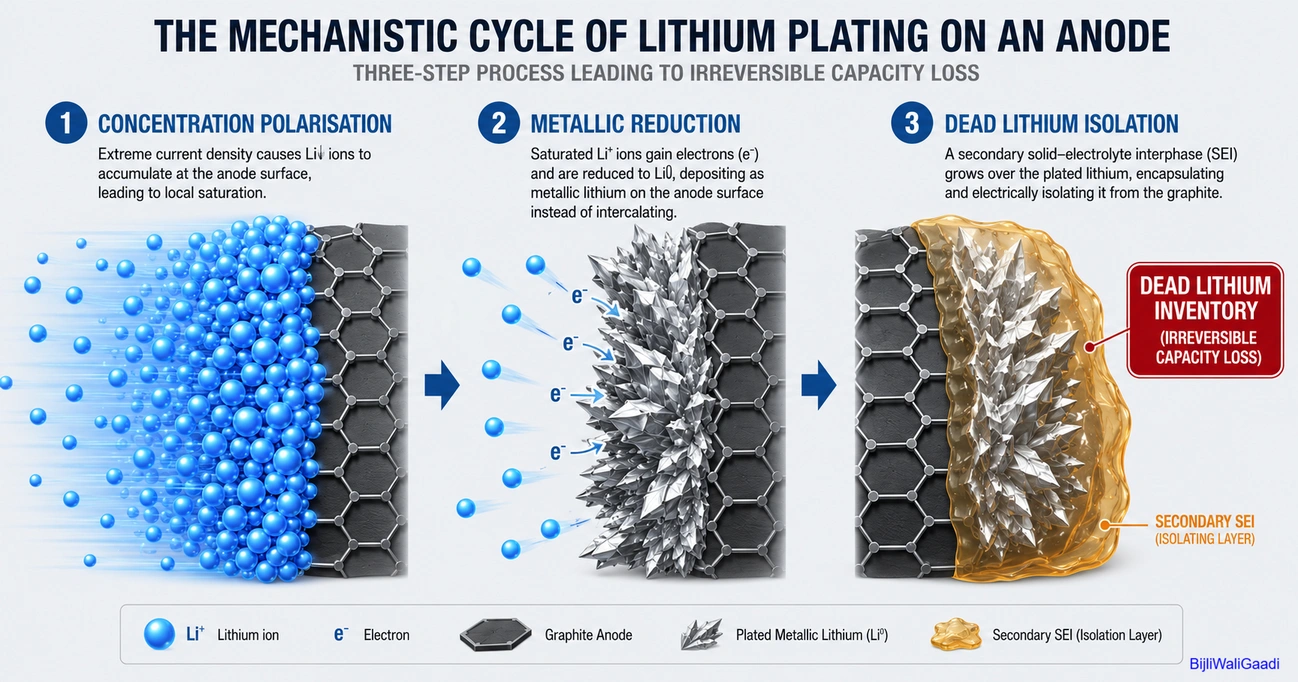Technical infographic showing the three-step lithium plating mechanism in an EV battery anode, including concentration polarisation, metallic lithium deposition, and dead lithium isolation causing irreversible capacity loss.