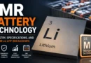 LMR battery technology illustration showing lithium and manganese elements, advanced EV battery cells, and key advantages over LFP batteries including higher energy density and lower material costs.