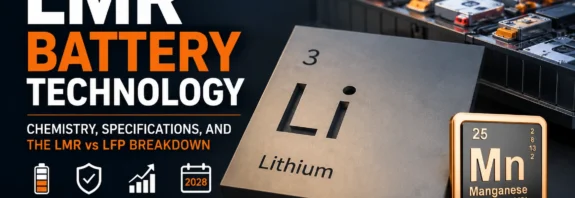 LMR battery technology illustration showing lithium and manganese elements, advanced EV battery cells, and key advantages over LFP batteries including higher energy density and lower material costs.