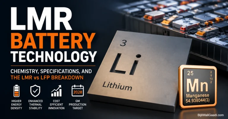 LMR battery technology illustration showing lithium and manganese elements, advanced EV battery cells, and key advantages over LFP batteries including higher energy density and lower material costs.