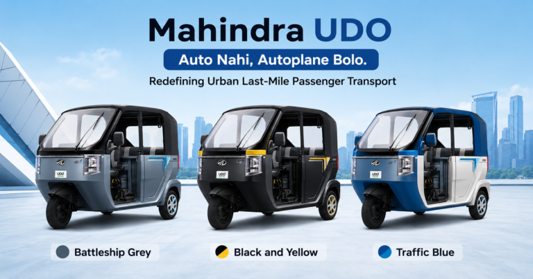 Mahindra UDO electric auto in Battleship Grey, Black and Yellow, and Traffic Blue colour variants displayed side by side for urban last-mile passenger transport.