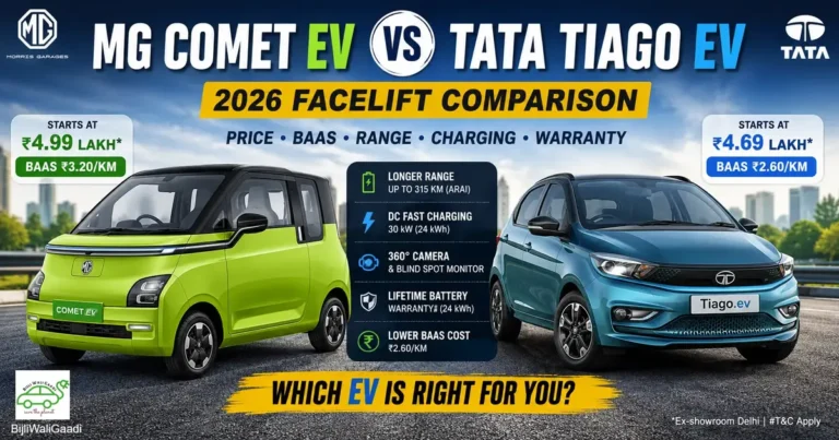 MG Comet EV vs Tata Tiago EV 2026 comparison showing price, battery subscription cost, range, charging capability, and key features for Indian electric car buyers.