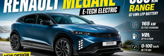 Renault Megane E-Tech Electric 2026 featured image showing the electric hatchback with 500 km range, 67 kWh LFP battery, V2L capability and 165 kW fast charging