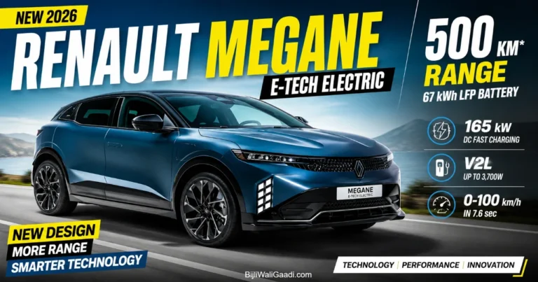 Renault Megane E-Tech Electric 2026 featured image showing the electric hatchback with 500 km range, 67 kWh LFP battery, V2L capability and 165 kW fast charging