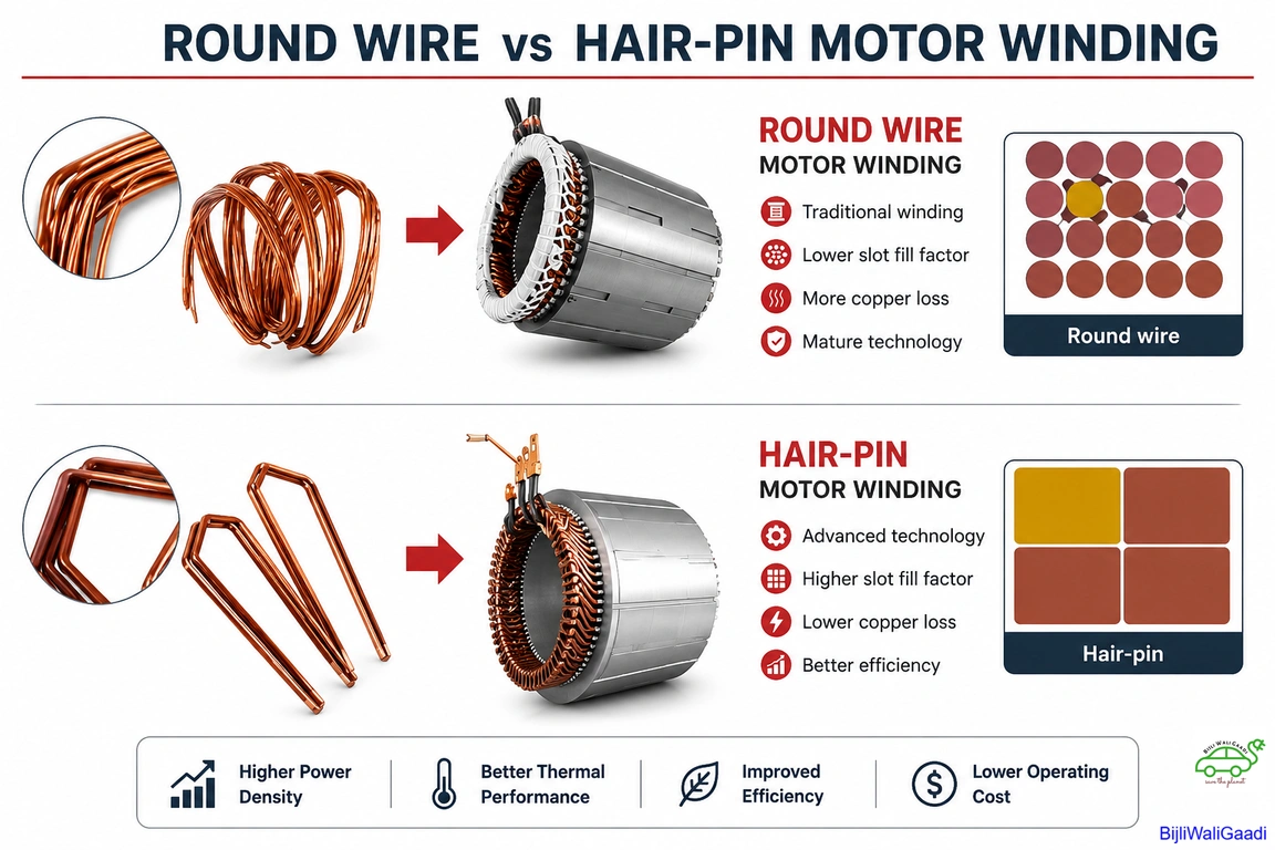 Infographic comparing round wire and hairpin motor winding technologies in EV traction motors, showing conductor design, stator construction, slot fill factor, and efficiency advantages.