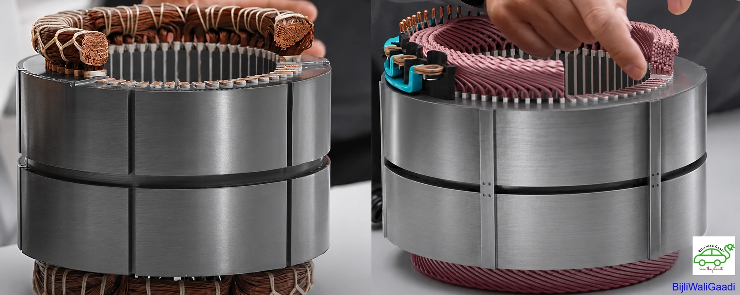 Side-by-side comparison of EV motor stators showing traditional round wire winding and modern hairpin winding technology with laminated steel core and copper conductors.
