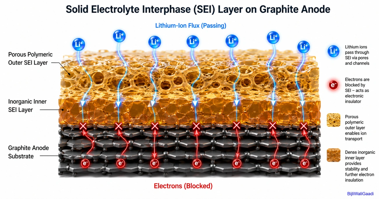 Cross-sectional diagram of a lithium-ion battery graphite anode showing the SEI layer structure, lithium-ion transport through porous outer layers, and electron blocking by the inorganic inner SEI layer.
