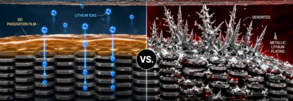 Split-screen illustration showing stable SEI layer passivation on a graphite anode versus metallic lithium plating and dendrite growth causing lithium-ion battery degradation and safety risks.