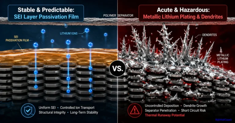 Split-screen illustration showing stable SEI layer passivation on a graphite anode versus metallic lithium plating and dendrite growth causing lithium-ion battery degradation and safety risks.