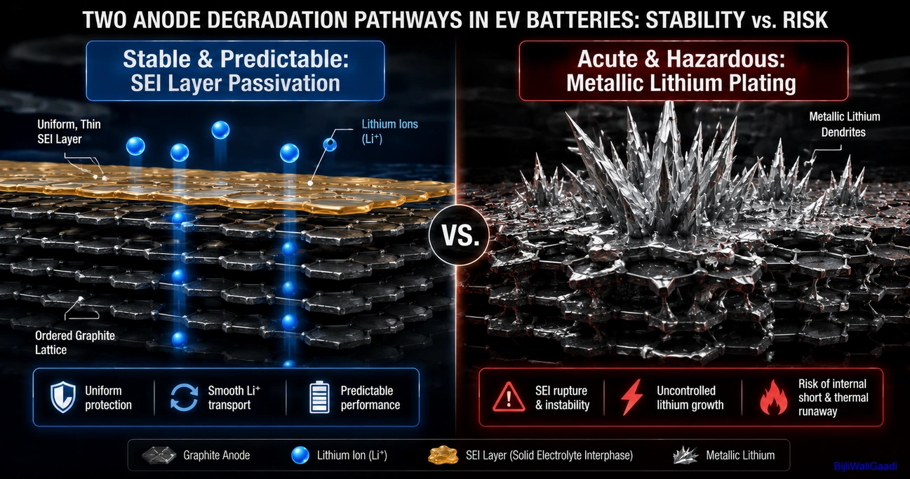 Split-screen infographic comparing stable SEI layer passivation with hazardous metallic lithium plating on a graphite anode in an EV lithium-ion battery.