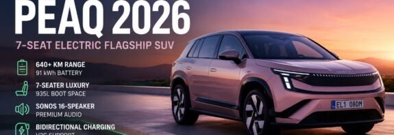 Škoda Peaq 2026 flagship 7-seater electric SUV with 640 km range, 91 kWh battery, Sonos audio and V2G bidirectional charging
