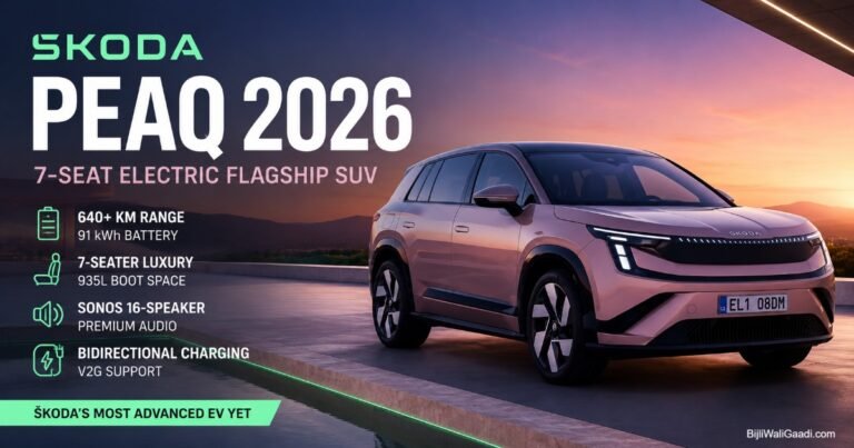 Škoda Peaq 2026 flagship 7-seater electric SUV with 640 km range, 91 kWh battery, Sonos audio and V2G bidirectional charging