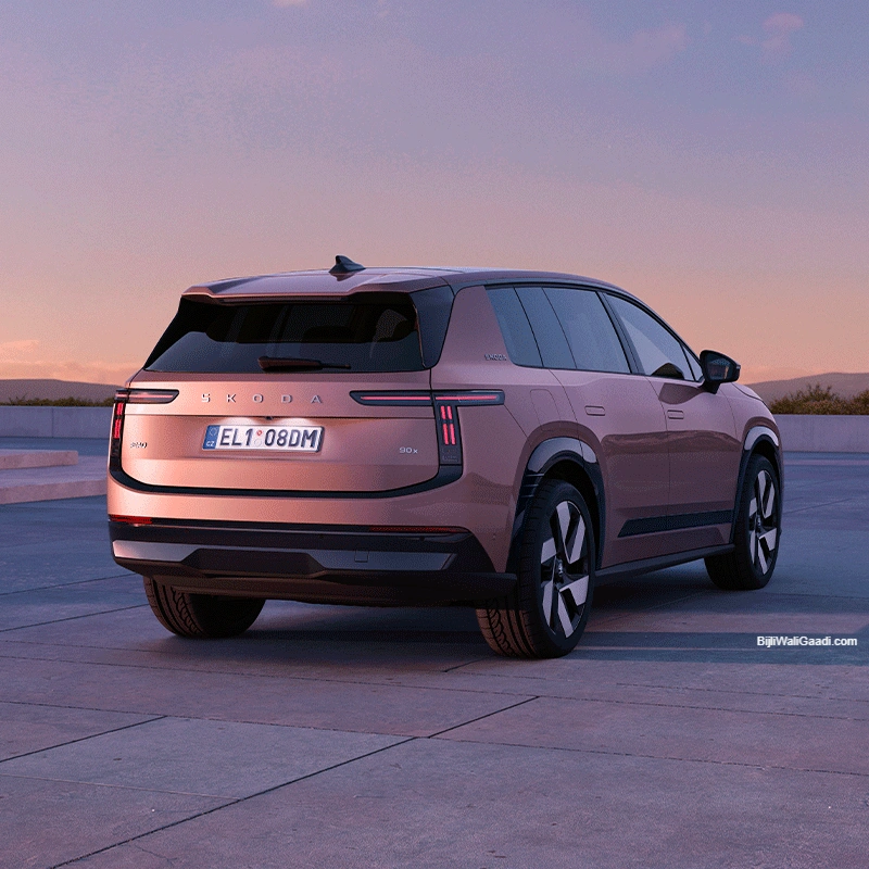 Škoda Peaq 2026 electric SUV rear three-quarter view T-shaped tail lights Modern Solid design Sportline badging 4.87 metre length India June 2026