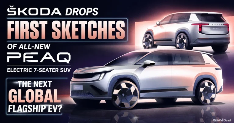 Official Škoda Peaq electric 7-seater SUV design sketch showing front and rear views of the upcoming global flagship EV with Modern Solid design language