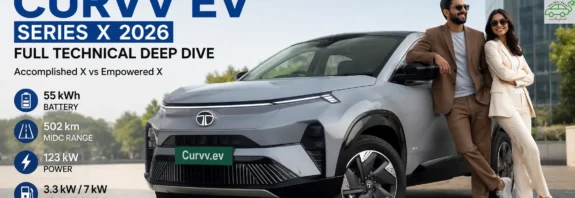 Tata Curvv EV Series X 2026 featured image showing a professional couple posing beside the electric coupe SUV with 55 kWh battery, 502 km range, and premium EV features.