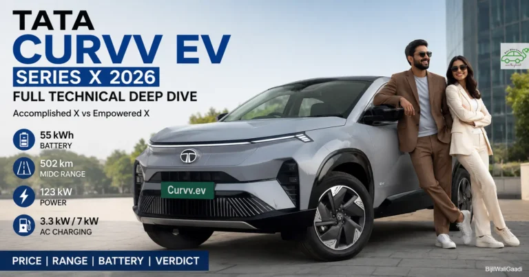 Tata Curvv EV Series X 2026 featured image showing a professional couple posing beside the electric coupe SUV with 55 kWh battery, 502 km range, and premium EV features.