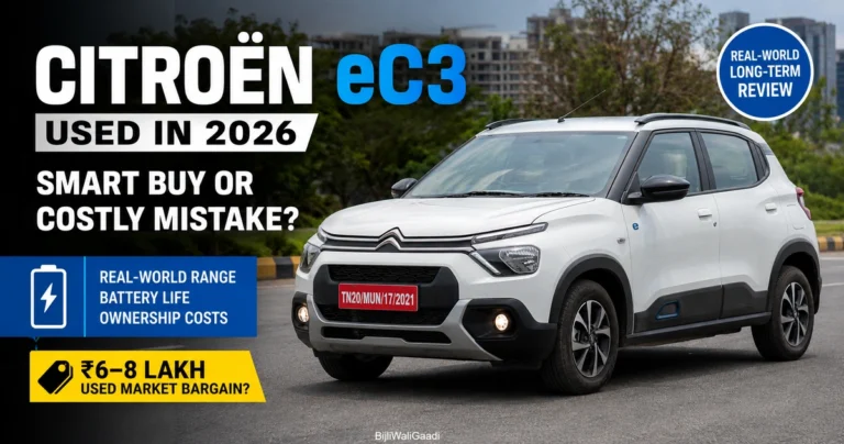 Used Citroen eC3 review 2026 showing the electric hatchback with insights on battery life, real-world range, ownership costs, and value in the Indian used EV market.