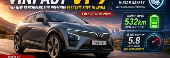 VinFast VF7 India premium electric SUV review featuring 532 km range, 349 bhp AWD performance, Bharat NCAP 5-star safety rating, and price starting at ₹21.89 lakh.