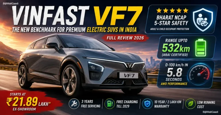 VinFast VF7 India premium electric SUV review featuring 532 km range, 349 bhp AWD performance, Bharat NCAP 5-star safety rating, and price starting at ₹21.89 lakh.