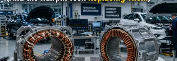 Hairpin winding EV motor compared with traditional round-wire stator in electric vehicle powertrain engineering laboratory.