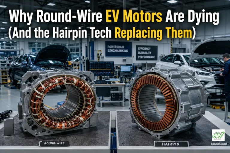 Hairpin winding EV motor compared with traditional round-wire stator in electric vehicle powertrain engineering laboratory.