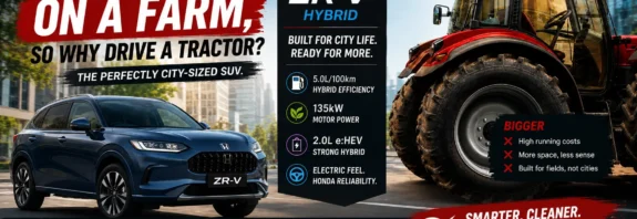 2026 Honda ZR-V Hybrid featured graphic comparing the city-focused Honda ZR-V with a large tractor, showcasing Honda Australia's marketing message, strong hybrid technology, 5.0L/100km fuel economy, 135kW motor output, and premium SUV features.