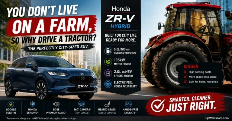 2026 Honda ZR-V Hybrid featured graphic comparing the city-focused Honda ZR-V with a large tractor, showcasing Honda Australia's marketing message, strong hybrid technology, 5.0L/100km fuel economy, 135kW motor output, and premium SUV features.
