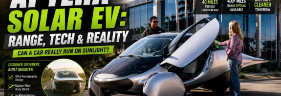 Aptera Solar EV featured image showing the three-wheeled solar electric vehicle outside Aptera headquarters with the headline "Aptera Solar EV: Range, Tech & Reality", highlighting solar charging, 400+ mile range, ultra-efficient design, and advanced aerodynamic technology.