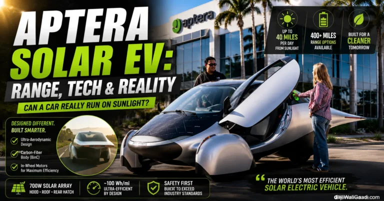 Aptera Solar EV featured image showing the three-wheeled solar electric vehicle outside Aptera headquarters with the headline "Aptera Solar EV: Range, Tech & Reality", highlighting solar charging, 400+ mile range, ultra-efficient design, and advanced aerodynamic technology.