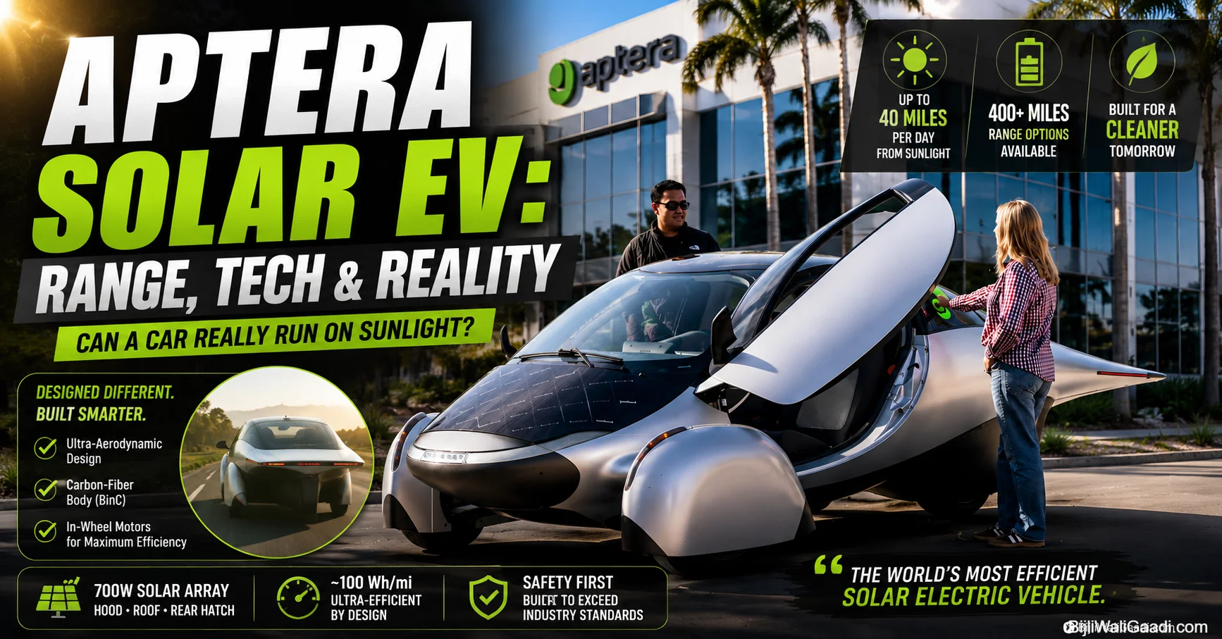 Aptera Solar EV featured image showing the three-wheeled solar electric vehicle outside Aptera headquarters with the headline "Aptera Solar EV: Range, Tech & Reality", highlighting solar charging, 400+ mile range, ultra-efficient design, and advanced aerodynamic technology.